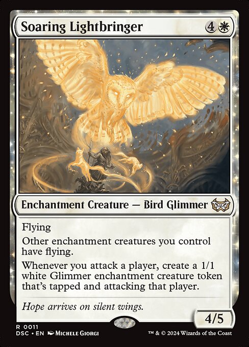 Flying
Other enchantment creatures you control have flying.
Whenever you attack a player, create a 1/1 white Glimmer enchantment creature token that's tapped and attacking that player.