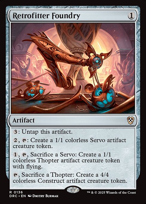 {3}: Untap this artifact.
{2}, {T}: Create a 1/1 colorless Servo artifact creature token.
{1}, {T}, Sacrifice a Servo: Create a 1/1 colorless Thopter artifact creature token with flying.
{T}, Sacrifice a Thopter: Create a 4/4 colorless Construct artifact creature token.