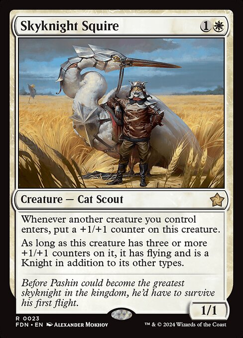 Whenever another creature you control enters, put a +1/+1 counter on this creature.
As long as this creature has three or more +1/+1 counters on it, it has flying and is a Knight in addition to its other types.