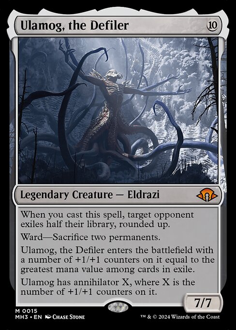 When you cast this spell, target opponent exiles half their library, rounded up.
Ward—Sacrifice two permanents.
Ulamog, the Defiler enters the battlefield with a number of +1/+1 counters on it equal to the greatest mana value among cards in exile.
Ulamog has annihilator X, where X is the number of +1/+1 counters on it.