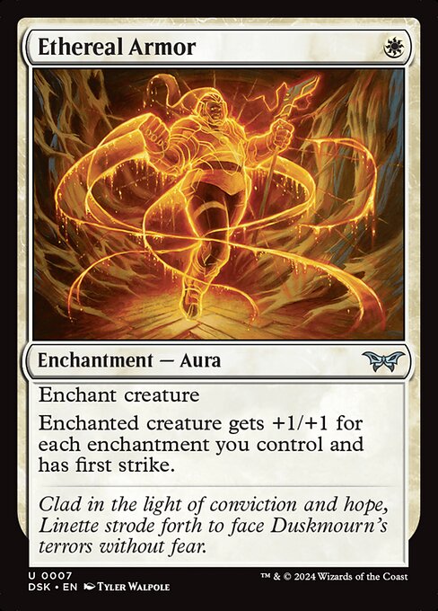 Enchant creature
Enchanted creature gets +1/+1 for each enchantment you control and has first strike.