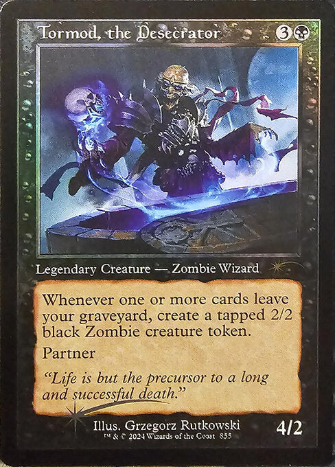 Whenever one or more cards leave your graveyard, create a tapped 2/2 black Zombie creature token.
Partner (You can have two commanders if both have partner.)