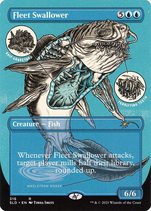 Whenever Fleet Swallower attacks, target player mills half their library, rounded up.
