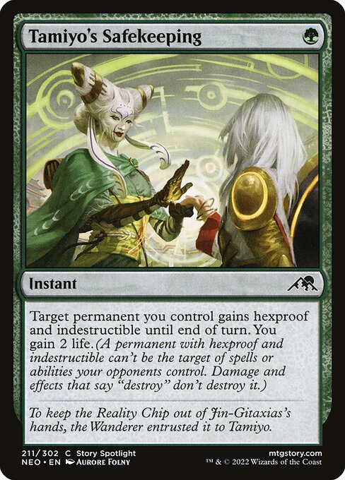 Target permanent you control gains hexproof and indestructible until end of turn. You gain 2 life. (A permanent with hexproof and indestructible can't be the target of spells or abilities your opponents control. Damage and effects that say "destroy" don't destroy it.)
