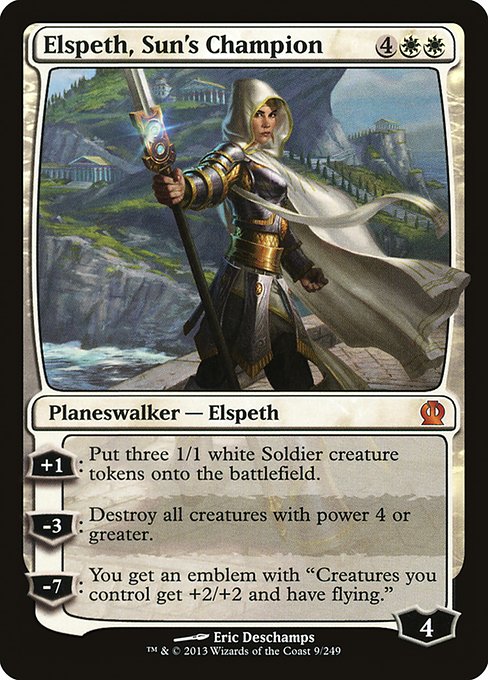 +1: Create three 1/1 white Soldier creature tokens.
−3: Destroy all creatures with power 4 or greater.
−7: You get an emblem with "Creatures you control get +2/+2 and have flying."
