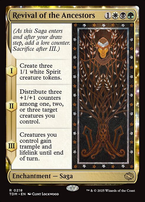 (As this Saga enters and after your draw step, add a lore counter. Sacrifice after III.)
I — Create three 1/1 white Spirit creature tokens.
II — Distribute three +1/+1 counters among one, two, or three target creatures you control.
III — Creatures you control gain trample and lifelink until end of turn.