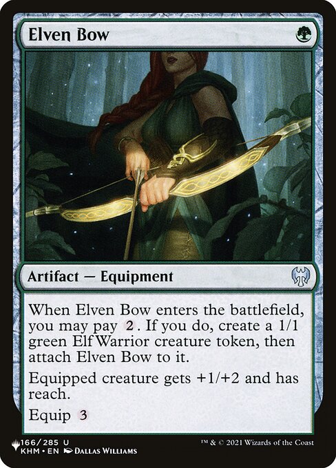 When Elven Bow enters, you may pay {2}. If you do, create a 1/1 green Elf Warrior creature token, then attach Elven Bow to it.
Equipped creature gets +1/+2 and has reach.
Equip {3}