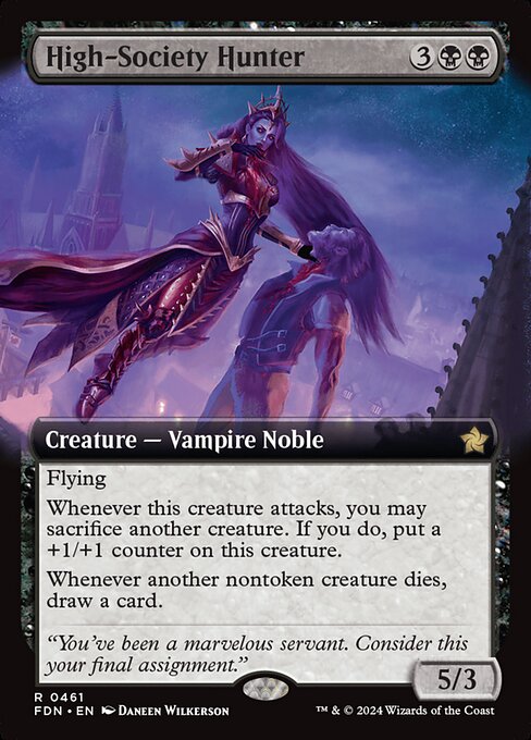 Flying
Whenever this creature attacks, you may sacrifice another creature. If you do, put a +1/+1 counter on this creature.
Whenever another nontoken creature dies, draw a card.