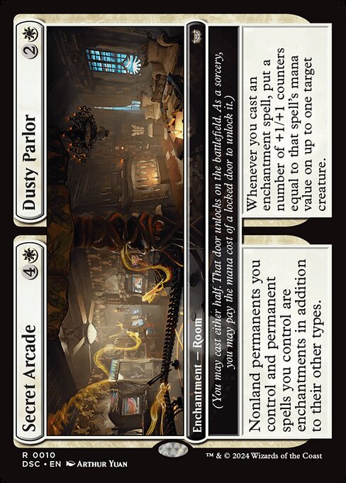 (You may cast either half. That door unlocks on the battlefield. As a sorcery, you may pay the mana cost of a locked door to unlock it.)
Nonland permanents you control and permanent spells you control are enchantments in addition to their other types. (You may cast either half. That door unlocks on the battlefield. As a sorcery, you may pay the mana cost of a locked door to unlock it.)
Whenever you cast an enchantment spell, put a number of +1/+1 counters equal to that spell's mana value on up