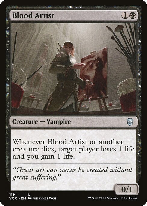 Whenever Blood Artist or another creature dies, target player loses 1 life and you gain 1 life.