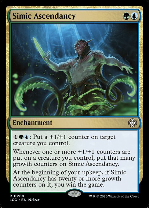 {1}{G}{U}: Put a +1/+1 counter on target creature you control.
Whenever one or more +1/+1 counters are put on a creature you control, put that many growth counters on this enchantment.
At the beginning of your upkeep, if this enchantment has twenty or more growth counters on it, you win the game.