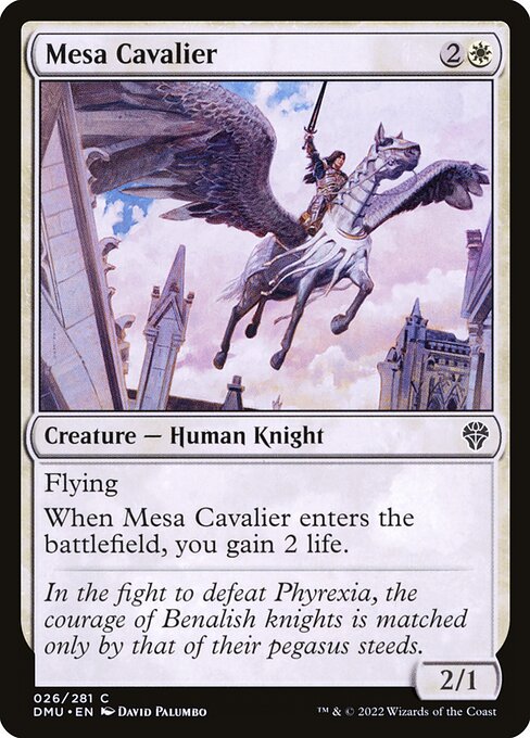 Flying
When Mesa Cavalier enters the battlefield, you gain 2 life.