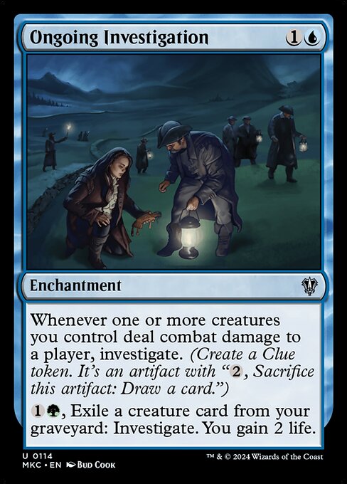Whenever one or more creatures you control deal combat damage to a player, investigate. (Create a Clue token. It's an artifact with "{2}, Sacrifice this artifact: Draw a card.")
{1}{G}, Exile a creature card from your graveyard: Investigate. You gain 2 life.