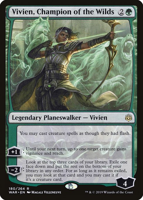 You may cast creature spells as though they had flash.
+1: Until your next turn, up to one target creature gains vigilance and reach.
−2: Look at the top three cards of your library. Exile one face down and put the rest on the bottom of your library in any order. For as long as it remains exiled, you may look at that card and you may cast it if it's a creature spell.