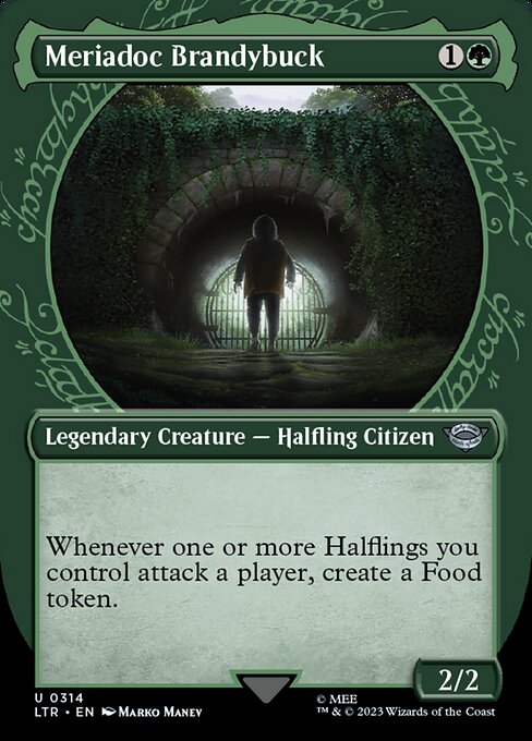 Whenever one or more Halflings you control attack a player, create a Food token. (It's an artifact with "{2}, {T}, Sacrifice this artifact: You gain 3 life.")