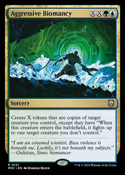 Create X tokens that are copies of target creature you control, except they have "When this creature enters, it fights up to one target creature you don't control."