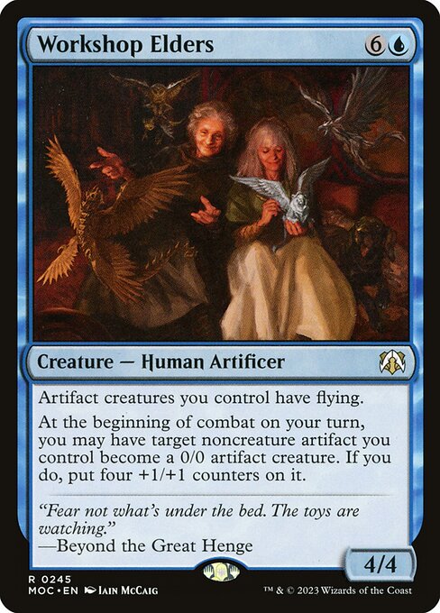Artifact creatures you control have flying.
At the beginning of combat on your turn, you may have target noncreature artifact you control become a 0/0 artifact creature. If you do, put four +1/+1 counters on it.