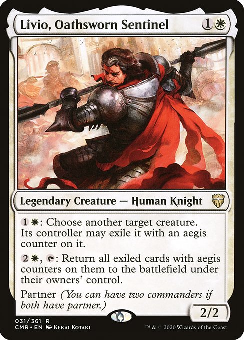 {1}{W}: Choose another target creature. Its controller may exile it with an aegis counter on it.
{2}{W}, {T}: Return all exiled cards with aegis counters on them to the battlefield under their owners' control.
Partner (You can have two commanders if both have partner.)