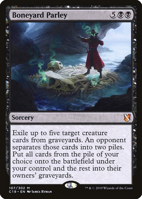 Exile up to five target creature cards from graveyards. An opponent separates those cards into two piles. Put all cards from the pile of your choice onto the battlefield under your control and the rest into their owners' graveyards.