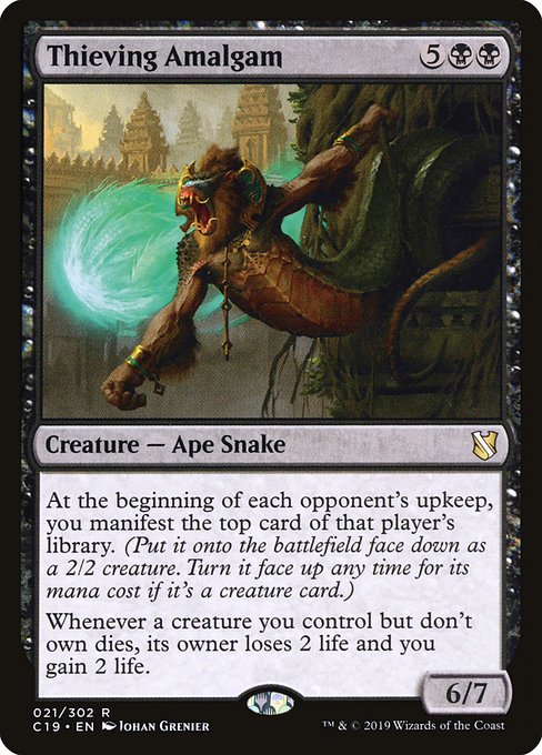 At the beginning of each opponent's upkeep, you manifest the top card of that player's library. (Put it onto the battlefield face down as a 2/2 creature. Turn it face up any time for its mana cost if it's a creature card.)
Whenever a creature you control but don't own dies, its owner loses 2 life and you gain 2 life.