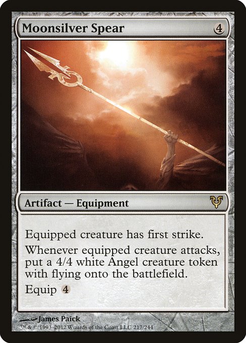 Equipped creature has first strike.
Whenever equipped creature attacks, create a 4/4 white Angel creature token with flying.
Equip {4}