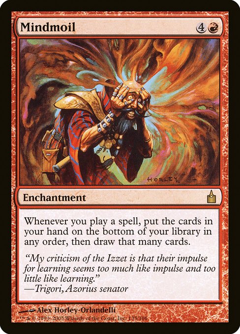 Whenever you cast a spell, put the cards in your hand on the bottom of your library in any order, then draw that many cards.