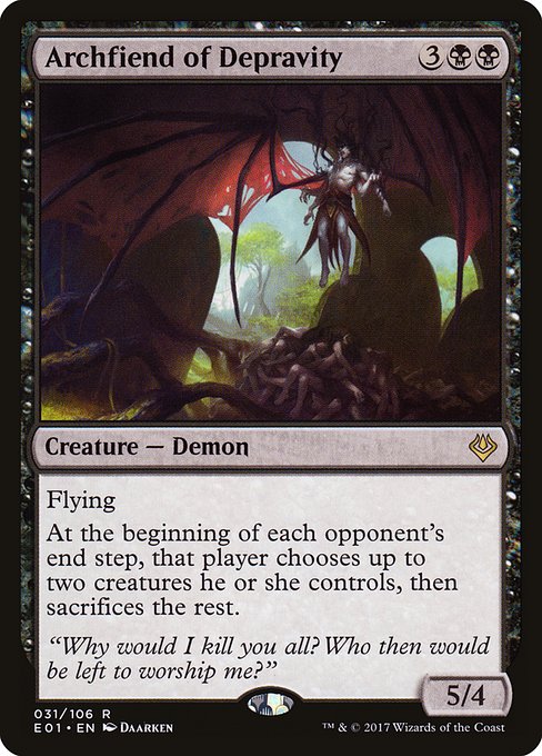 Flying
At the beginning of each opponent's end step, that player chooses up to two creatures they control, then sacrifices the rest.