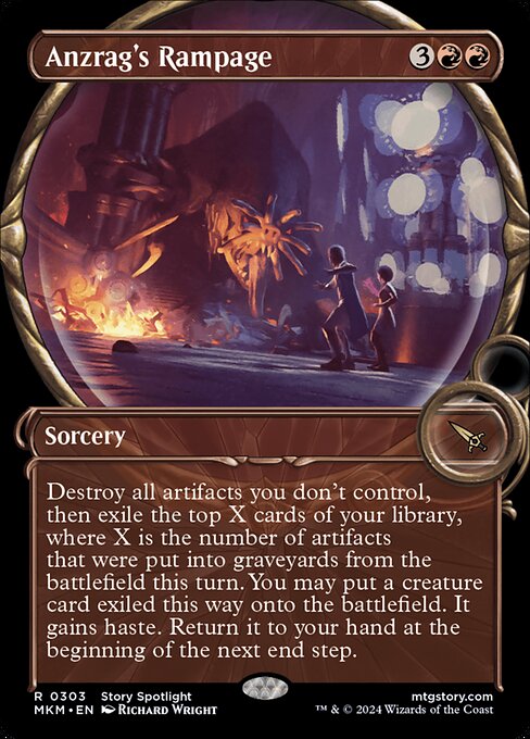 Destroy all artifacts you don't control, then exile the top X cards of your library, where X is the number of artifacts that were put into graveyards from the battlefield this turn. You may put a creature card exiled this way onto the battlefield. It gains haste. Return it to your hand at the beginning of the next end step.