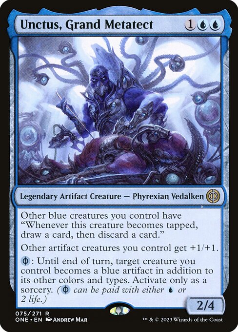 Other blue creatures you control have "Whenever this creature becomes tapped, draw a card, then discard a card."
Other artifact creatures you control get +1/+1.
{U/P}: Until end of turn, target creature you control becomes a blue artifact in addition to its other colors and types. Activate only as a sorcery. ({U/P} can be paid with either {U} or 2 life.)
