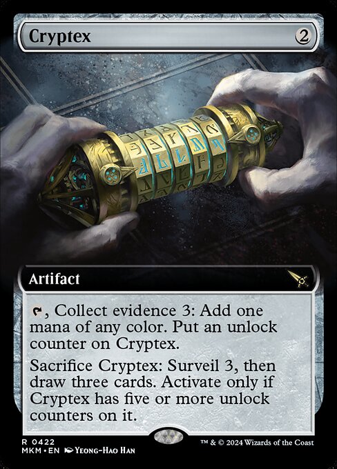 {T}, Collect evidence 3: Add one mana of any color. Put an unlock counter on Cryptex. (To collect evidence 3, exile cards with total mana value 3 or greater from your graveyard.)
Sacrifice Cryptex: Surveil 3, then draw three cards. Activate only if Cryptex has five or more unlock counters on it.