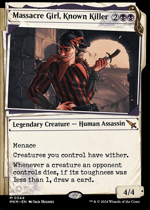 Menace
Creatures you control have wither. (They deal damage to creatures in the form of -1/-1 counters.)
Whenever a creature an opponent controls dies, if its toughness was less than 1, draw a card.