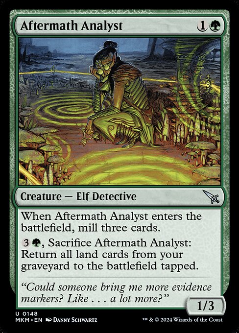 When Aftermath Analyst enters the battlefield, mill three cards.
{3}{G}, Sacrifice Aftermath Analyst: Return all land cards from your graveyard to the battlefield tapped.