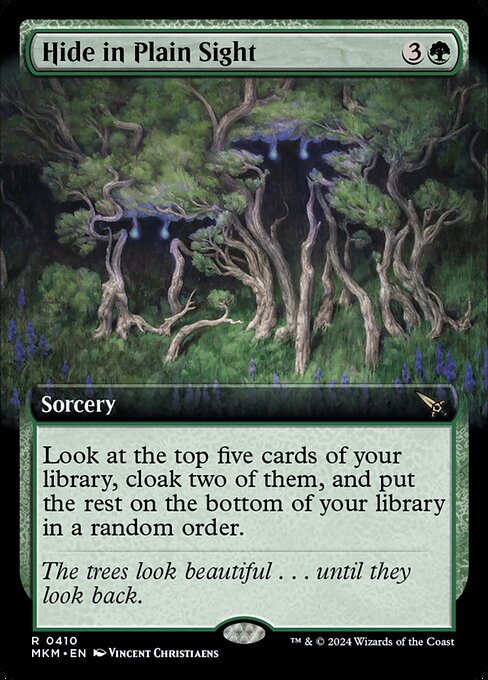 Look at the top five cards of your library, cloak two of them, and put the rest on the bottom of your library in a random order. (To cloak a card, put it onto the battlefield face down as a 2/2 creature with ward {2}. Turn it face up any time for its mana cost if it's a creature card.)