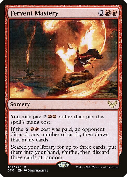You may pay {2}{R}{R} rather than pay this spell's mana cost.
If the {2}{R}{R} cost was paid, an opponent discards any number of cards, then draws that many cards.
Search your library for up to three cards, put them into your hand, shuffle, then discard three cards at random.