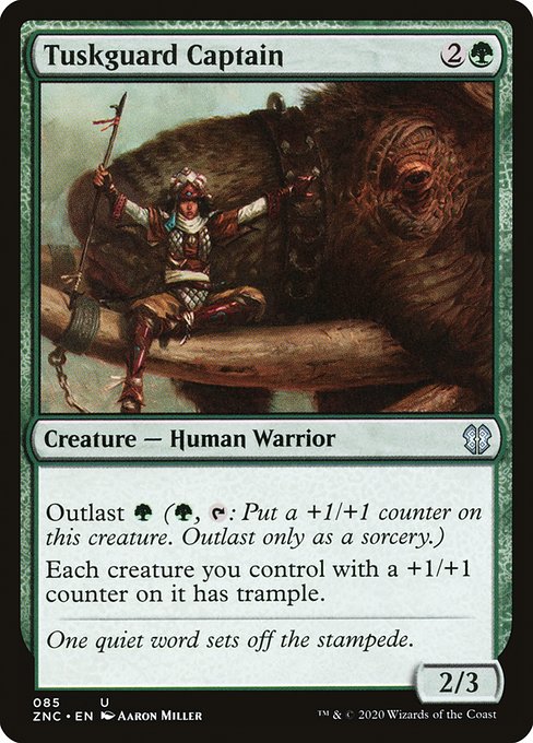 Outlast {G} ({G}, {T}: Put a +1/+1 counter on this creature. Outlast only as a sorcery.)
Each creature you control with a +1/+1 counter on it has trample.