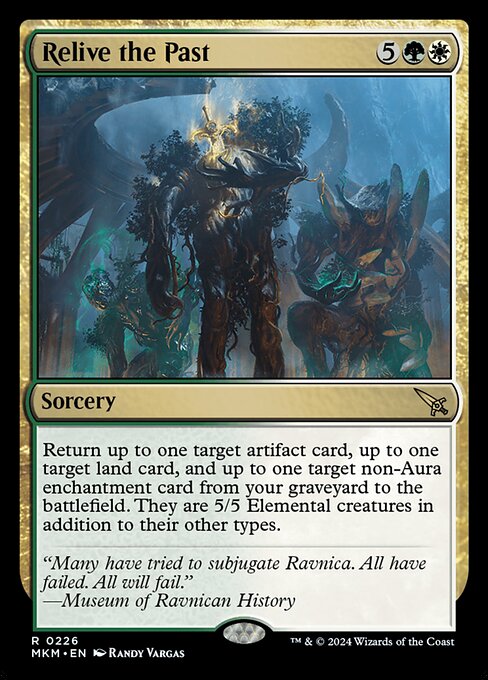 Return up to one target artifact card, up to one target land card, and up to one target non-Aura enchantment card from your graveyard to the battlefield. They are 5/5 Elemental creatures in addition to their other types.