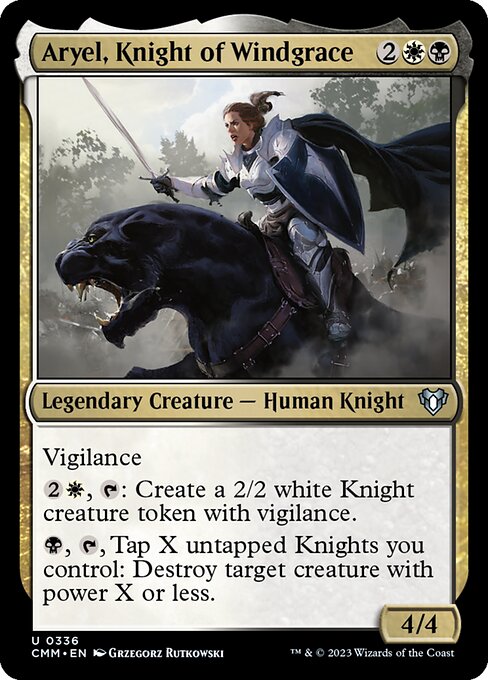 Vigilance
{2}{W}, {T}: Create a 2/2 white Knight creature token with vigilance.
{B}, {T}, Tap X untapped Knights you control: Destroy target creature with power X or less.