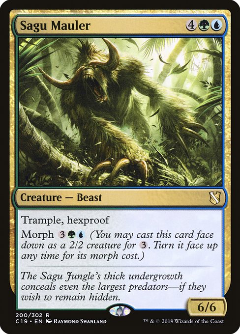 Trample, hexproof
Morph {3}{G}{U} (You may cast this card face down as a 2/2 creature for {3}. Turn it face up any time for its morph cost.)
