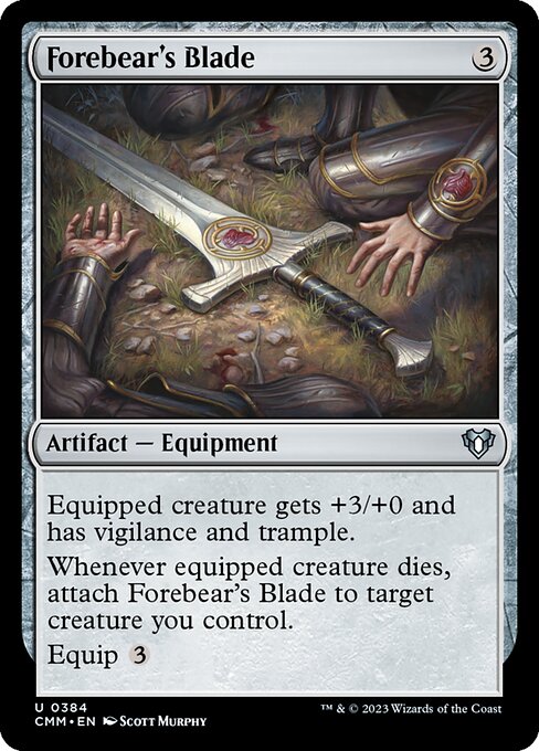 Equipped creature gets +3/+0 and has vigilance and trample.
Whenever equipped creature dies, attach Forebear's Blade to target creature you control.
Equip {3}