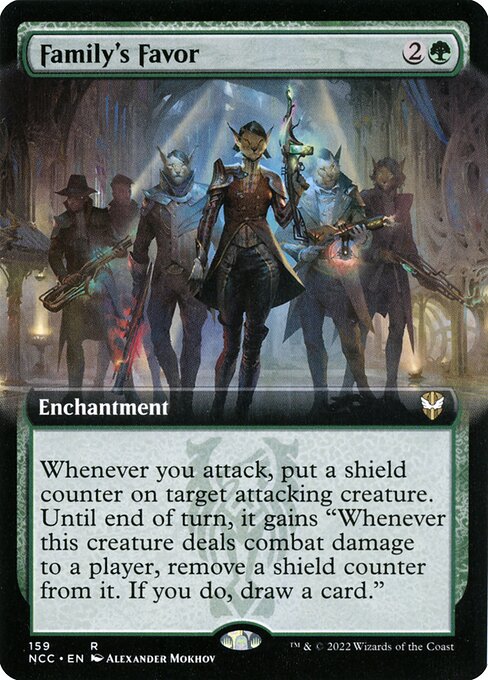 Whenever you attack, put a shield counter on target attacking creature. Until end of turn, it gains "Whenever this creature deals combat damage to a player, remove a shield counter from it. If you do, draw a card." (If a creature with a shield counter on it would be dealt damage or destroyed, remove a shield counter from it instead.)