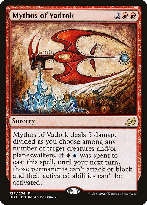 Mythos of Vadrok deals 5 damage divided as you choose among any number of target creatures and/or planeswalkers. If {W}{U} was spent to cast this spell, until your next turn, those permanents can't attack or block and their activated abilities can't be activated.
