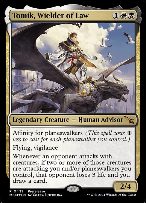 Affinity for planeswalkers (This spell costs {1} less to cast for each planeswalker you control.)
Flying, vigilance
Whenever an opponent attacks with creatures, if two or more of those creatures are attacking you and/or planeswalkers you control, that opponent loses 3 life and you draw a card.