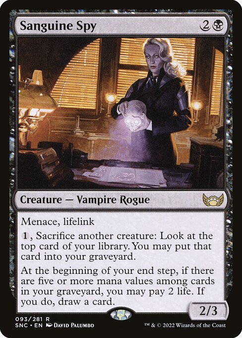 Menace, lifelink
{1}, Sacrifice another creature: Surveil 1. (Look at the top card of your library. You may put that card into your graveyard.)
At the beginning of your end step, if there are five or more mana values among cards in your graveyard, you may pay 2 life. If you do, draw a card.