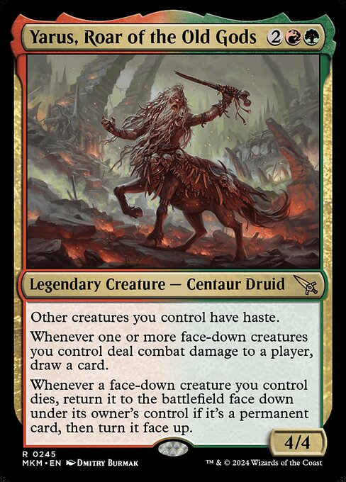 Other creatures you control have haste.
Whenever one or more face-down creatures you control deal combat damage to a player, draw a card.
Whenever a face-down creature you control dies, return it to the battlefield face down under its owner's control if it's a permanent card, then turn it face up.