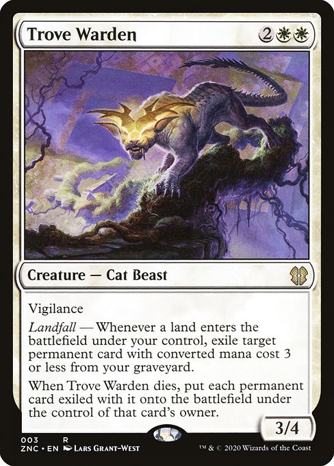 Vigilance
Landfall — Whenever a land enters the battlefield under your control, exile target permanent card with mana value 3 or less from your graveyard.
When Trove Warden dies, put each permanent card exiled with it onto the battlefield under the control of that card's owner.