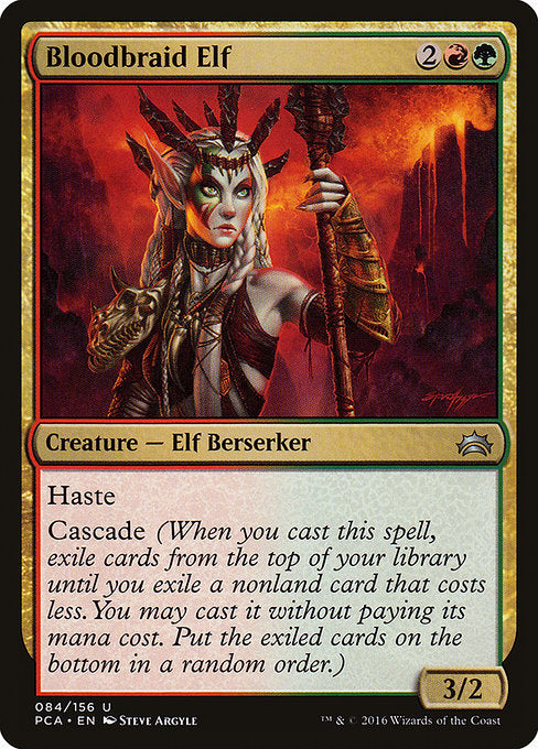 Haste
Cascade (When you cast this spell, exile cards from the top of your library until you exile a nonland card that costs less. You may cast it without paying its mana cost. Put the exiled cards on the bottom of your library in a random order.)