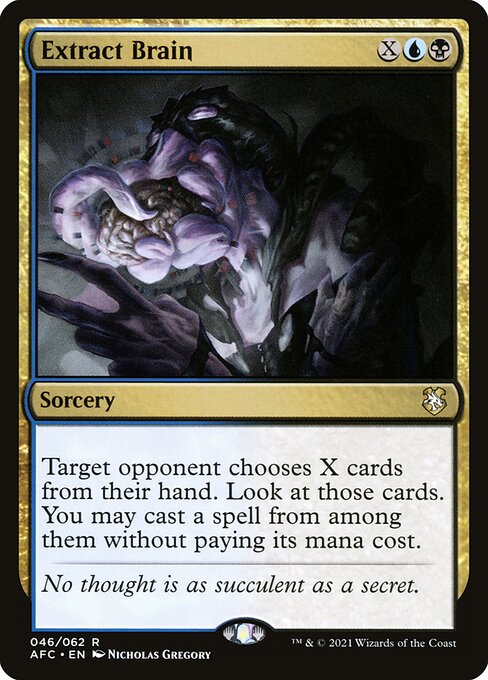 Target opponent chooses X cards from their hand. Look at those cards. You may cast a spell from among them without paying its mana cost.