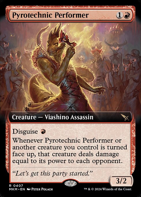 Disguise {R} (You may cast this card face down for {3} as a 2/2 creature with ward {2}. Turn it face up any time for its disguise cost.)
Whenever Pyrotechnic Performer or another creature you control is turned face up, that creature deals damage equal to its power to each opponent.