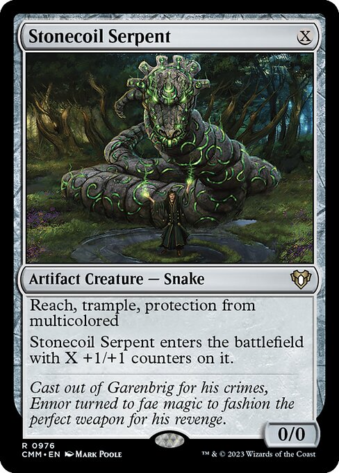 Reach, trample, protection from multicolored
Stonecoil Serpent enters the battlefield with X +1/+1 counters on it.