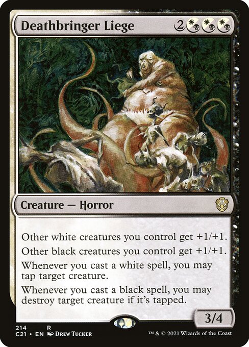 Other white creatures you control get +1/+1.
Other black creatures you control get +1/+1.
Whenever you cast a white spell, you may tap target creature.
Whenever you cast a black spell, you may destroy target creature if it's tapped.